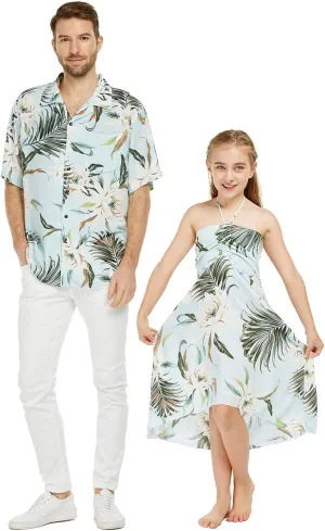 Matching Father Daughter Hawaiian Luau Cruise Outfit Shirt Dress Hibiscus Blue