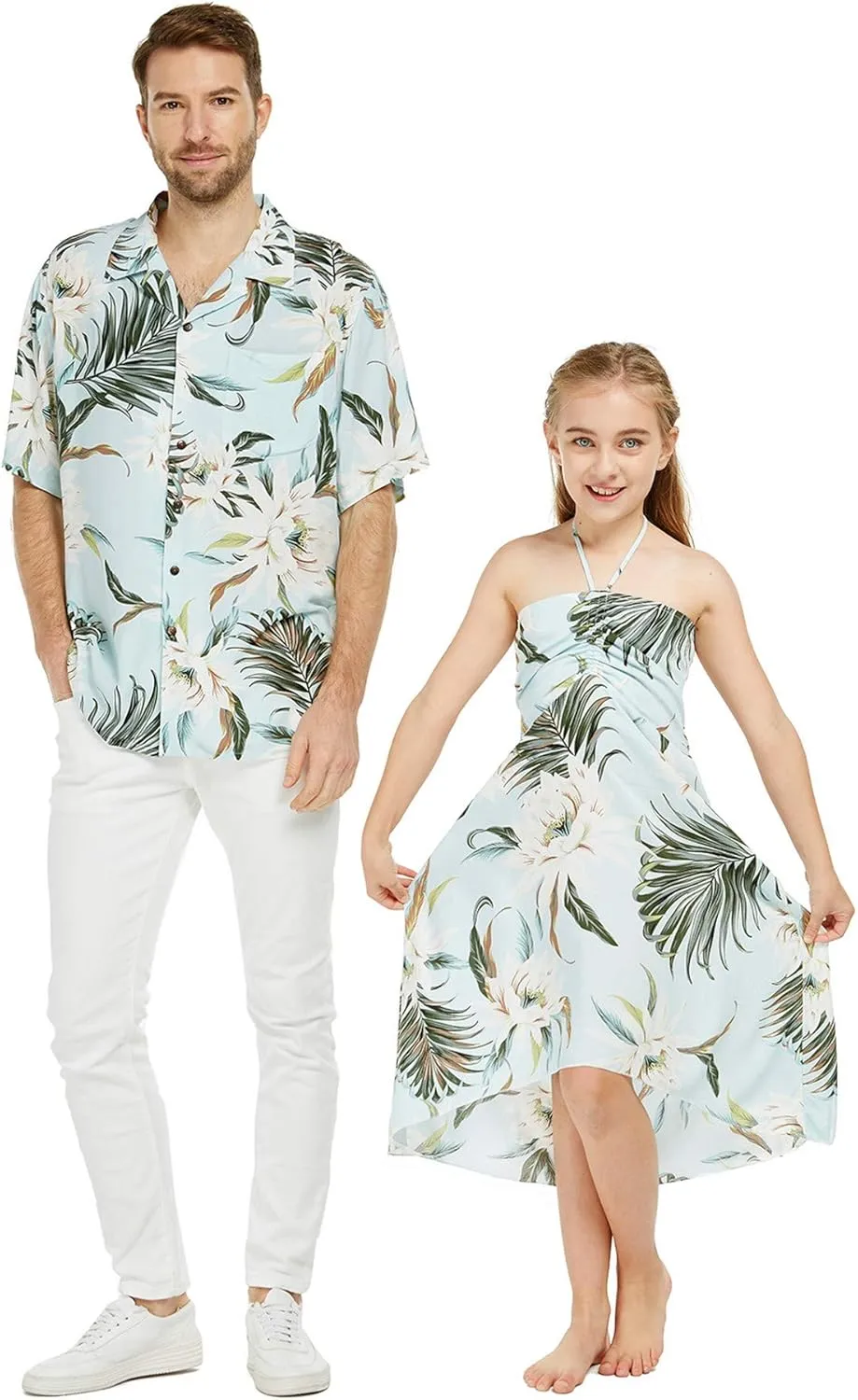 Matching Father Daughter Hawaiian Luau Cruise Outfit Shirt Dress Hibiscus Blue