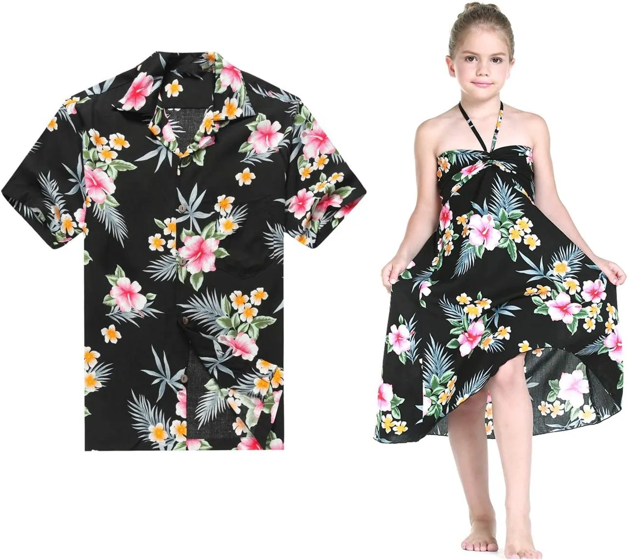 Matching Father Daughter Hawaiian Luau Cruise Outfit Shirt Dress Hibiscus Blue