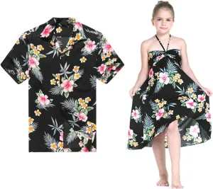 Matching Father Daughter Hawaiian Luau Cruise Outfit Shirt Dress Hibiscus Blue