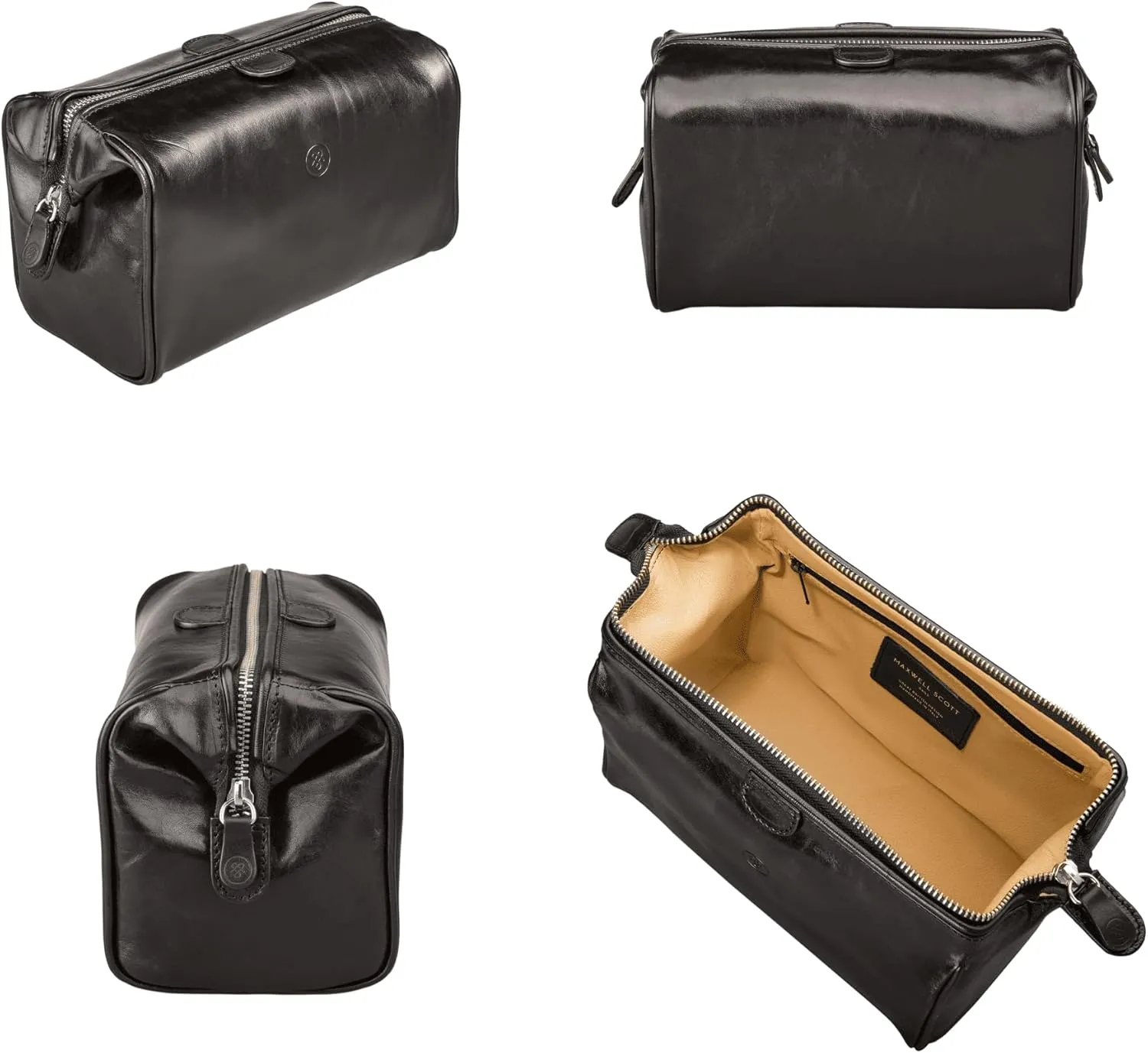 Maxwell Scott - Luxury Italian Cow Leather Medium Toiletry Wash Bag for Men - Handmade in Italy - The Duno Medium Black