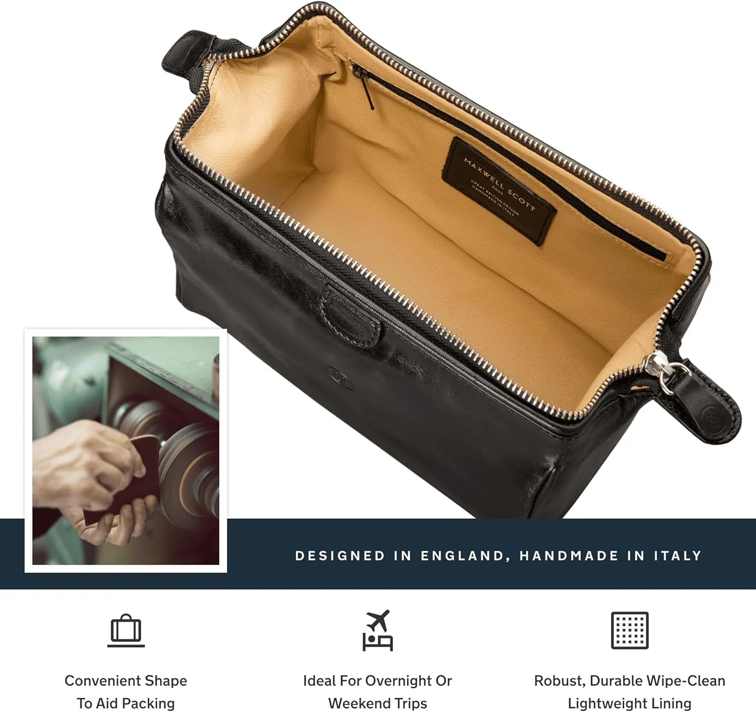 Maxwell Scott - Luxury Italian Cow Leather Medium Toiletry Wash Bag for Men - Handmade in Italy - The Duno Medium Black