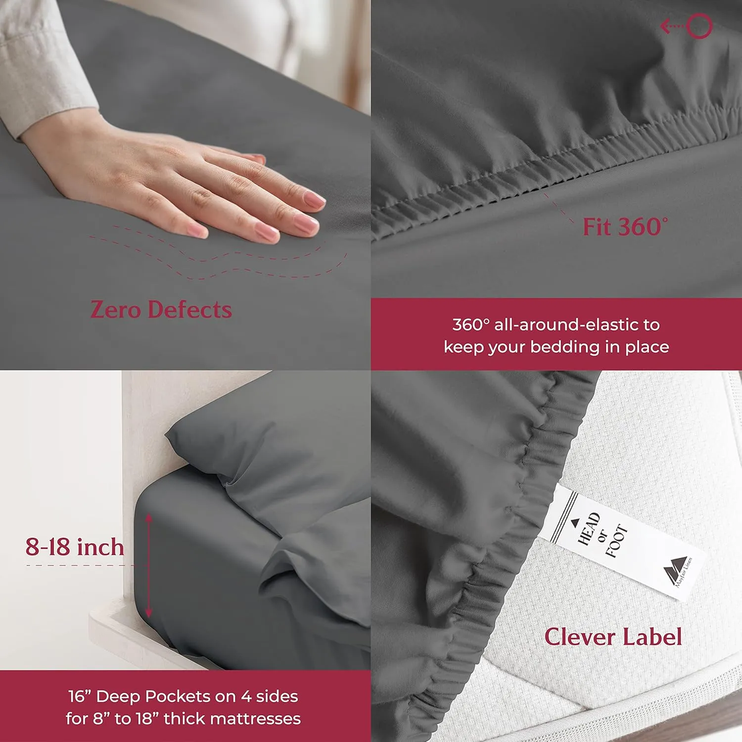 Mayfair Linen 100% Egyptian Cotton Bed Sheets Queen Set - Luxury 800 Thread Count Queen Size Sheets Set, Soft, Cooling, Fully Elasticized Sateen Weave Hotel Quality Bedding Set (4 PC, Dark Grey)