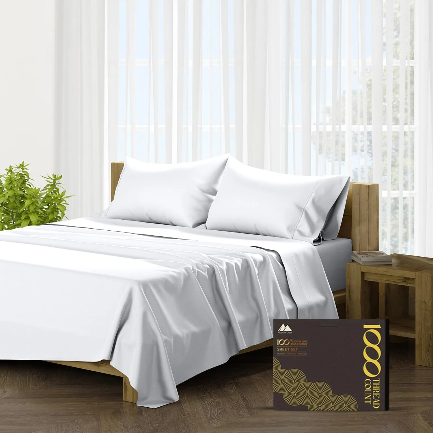 Mayfair Linen 100% Egyptian Cotton King Size Sheet Set - 6 PC 1000 Thread Count White King Size Sheets Set Egyptian Cotton, 16" Deep Pocket, Soft Cooling Sateen Weave Ultra Luxury Hotel Bedding Set