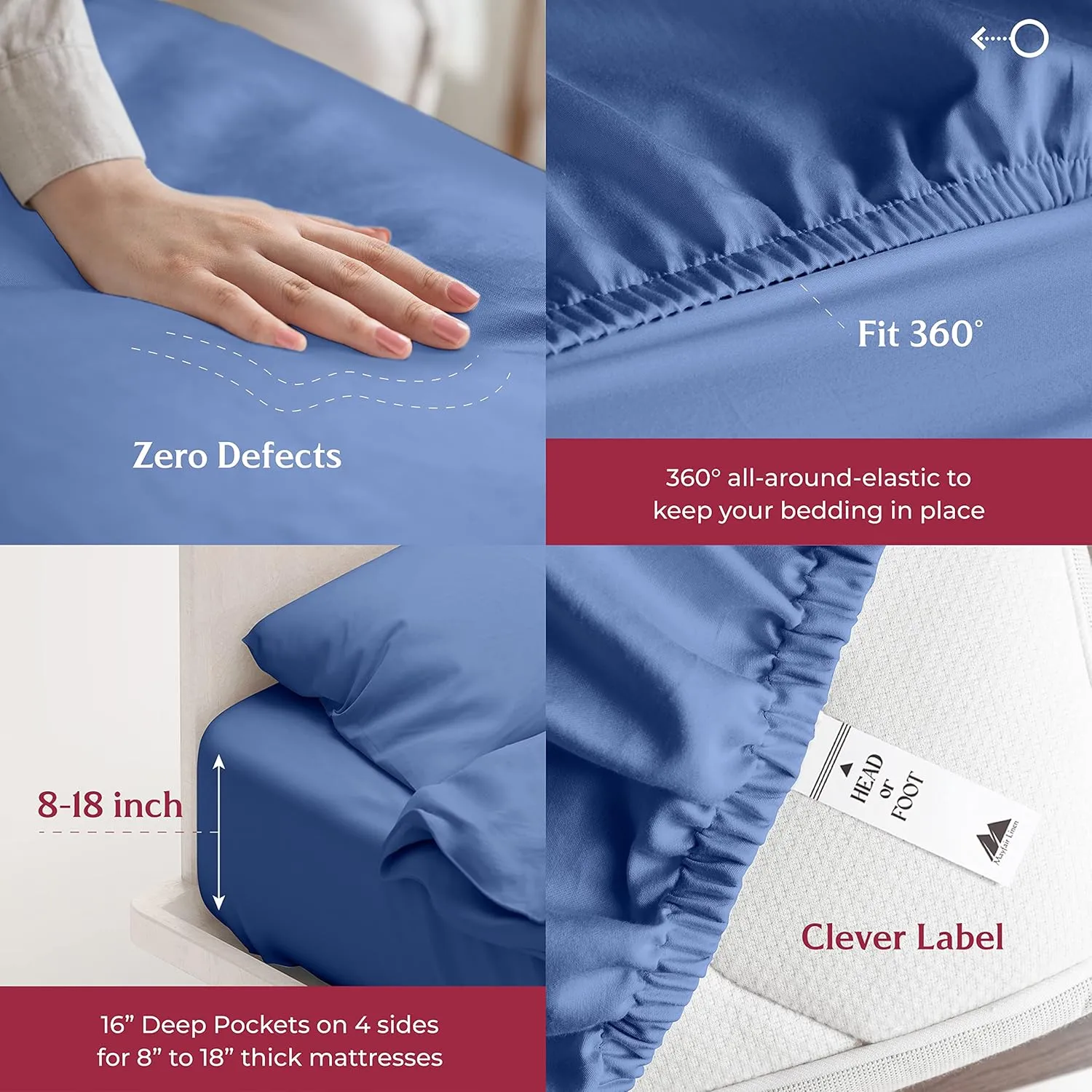 Mayfair Linen 100% Egyptian Cotton Sheets Queen Size - 800 High Thread Count Sheets, 4 Piece Luxury Hotel Sheet for Queen Size Bed, 16" Deep Pocket Sateen Soft Cooling Bedding Sets - Deep Blue