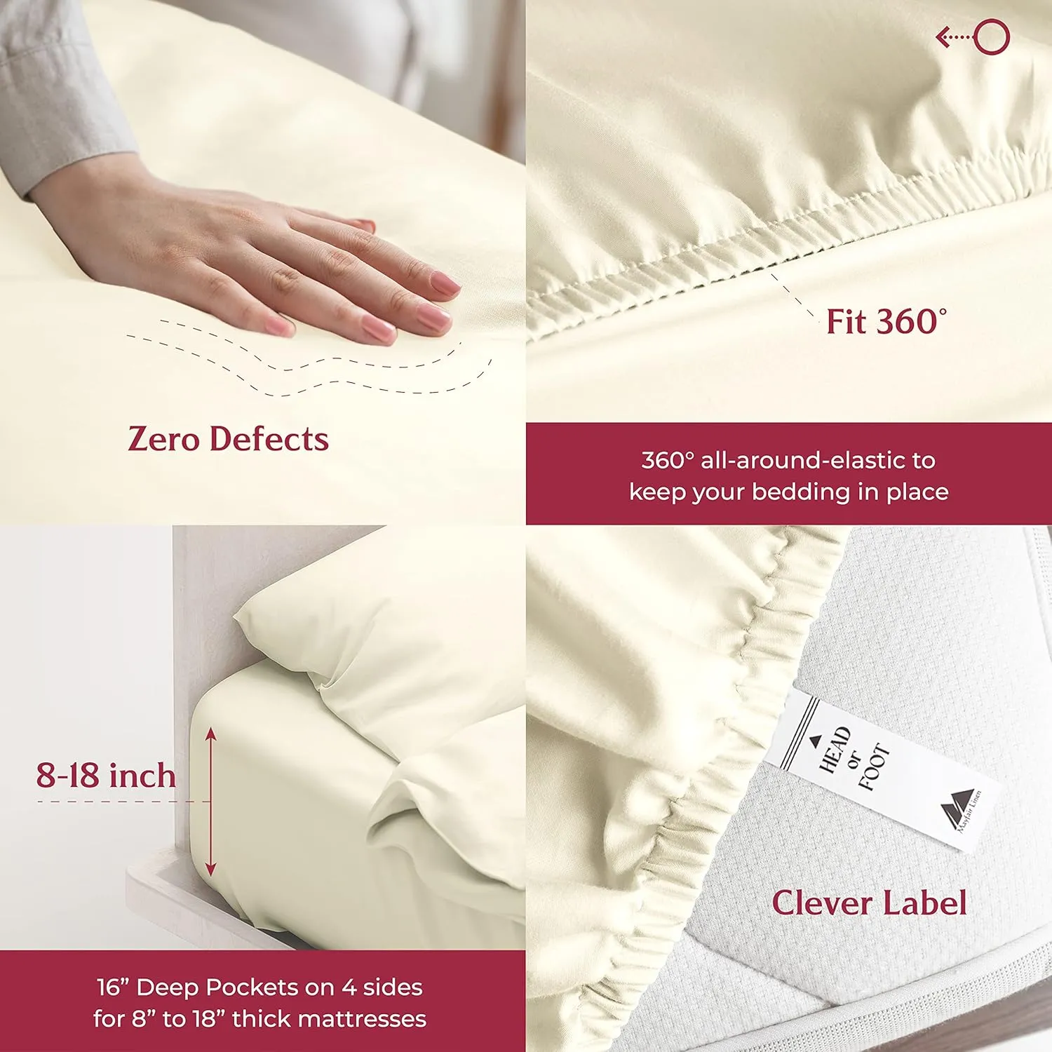 Mayfair Linen Egyptian Cotton Sheet Set - 800 TC 4 PC Ivory Queen Bedsheet for Queen Bed, Sateen Weave Luxury Hotel Sheets, Cooling Bedding Sheets, 16" Deep Pocket (Fits Upto 18" Mattress)