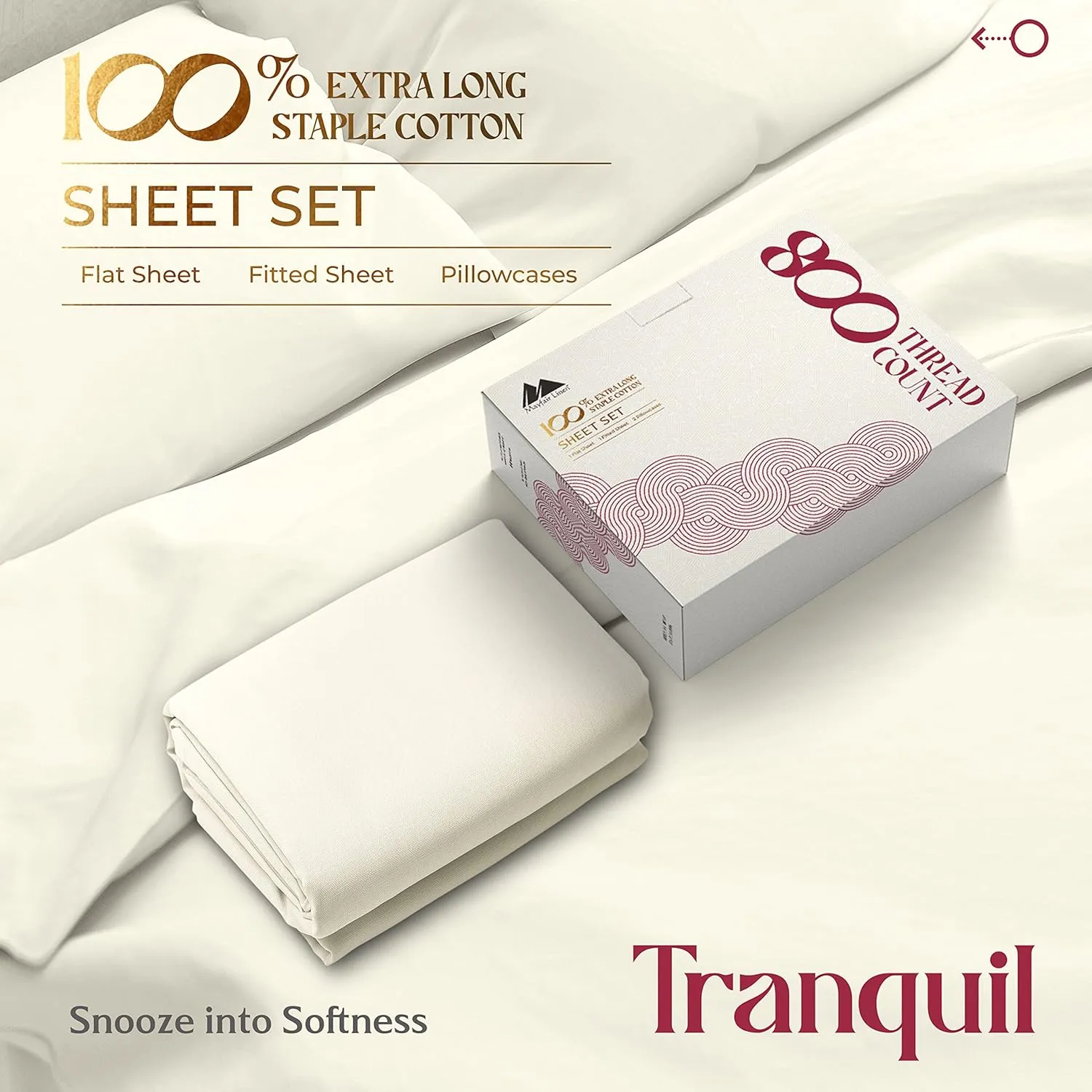 Mayfair Linen Egyptian Cotton Sheet Set - 800 TC 4 PC Ivory Queen Bedsheet for Queen Bed, Sateen Weave Luxury Hotel Sheets, Cooling Bedding Sheets, 16" Deep Pocket (Fits Upto 18" Mattress)
