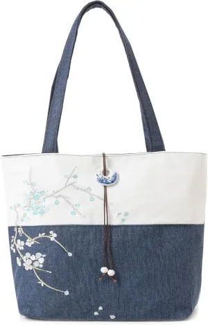 MAZEXY Elegant Vintage Silk Pattern Shoulder Handbag Tote Bag with Pendant and Tassels