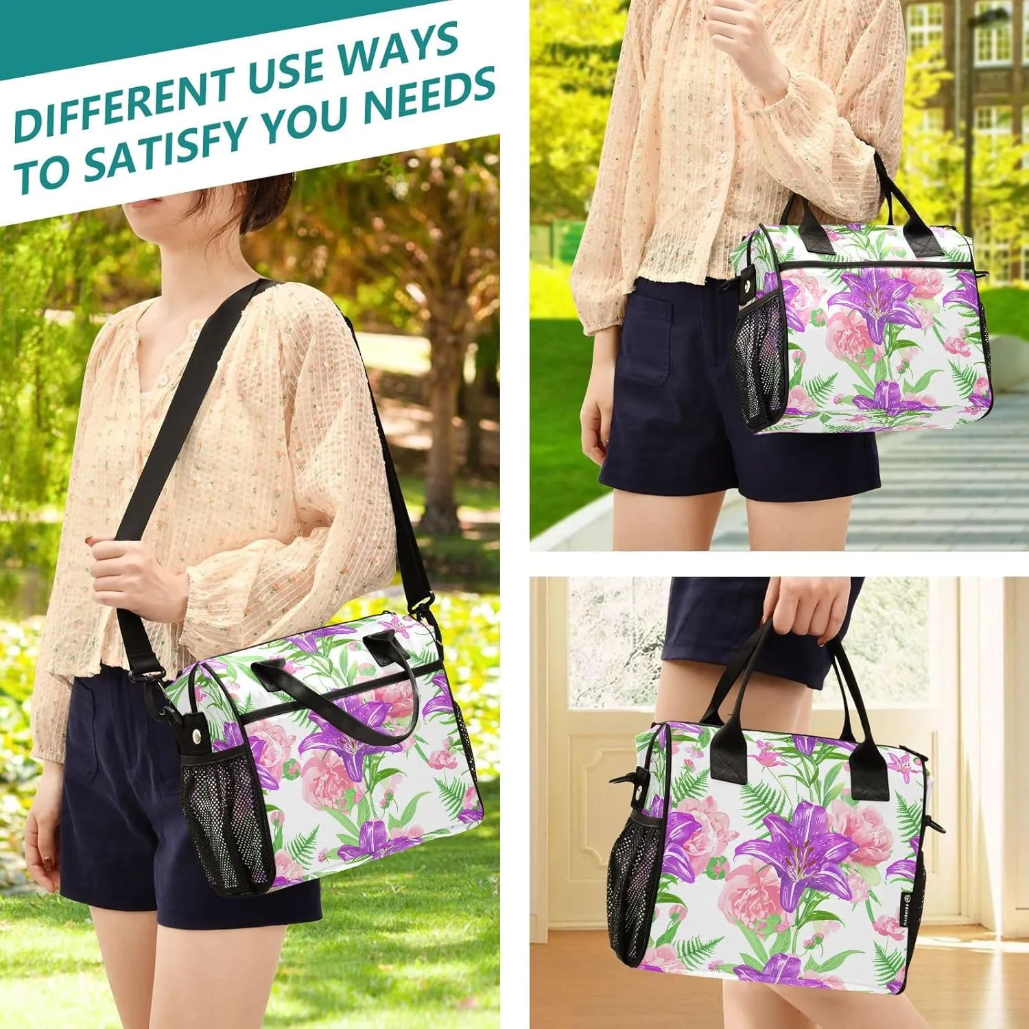 MCHIVER Peony Fern Floral White Insulated Lunch Bag for Women Men Reusable Lunch Box Cooler Bag Thermal Meal Tote for Girls Boys 10.6 * 5.5 * 11 In