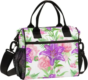 MCHIVER Peony Fern Floral White Insulated Lunch Bag for Women Men Reusable Lunch Box Cooler Bag Thermal Meal Tote for Girls Boys 10.6 * 5.5 * 11 In
