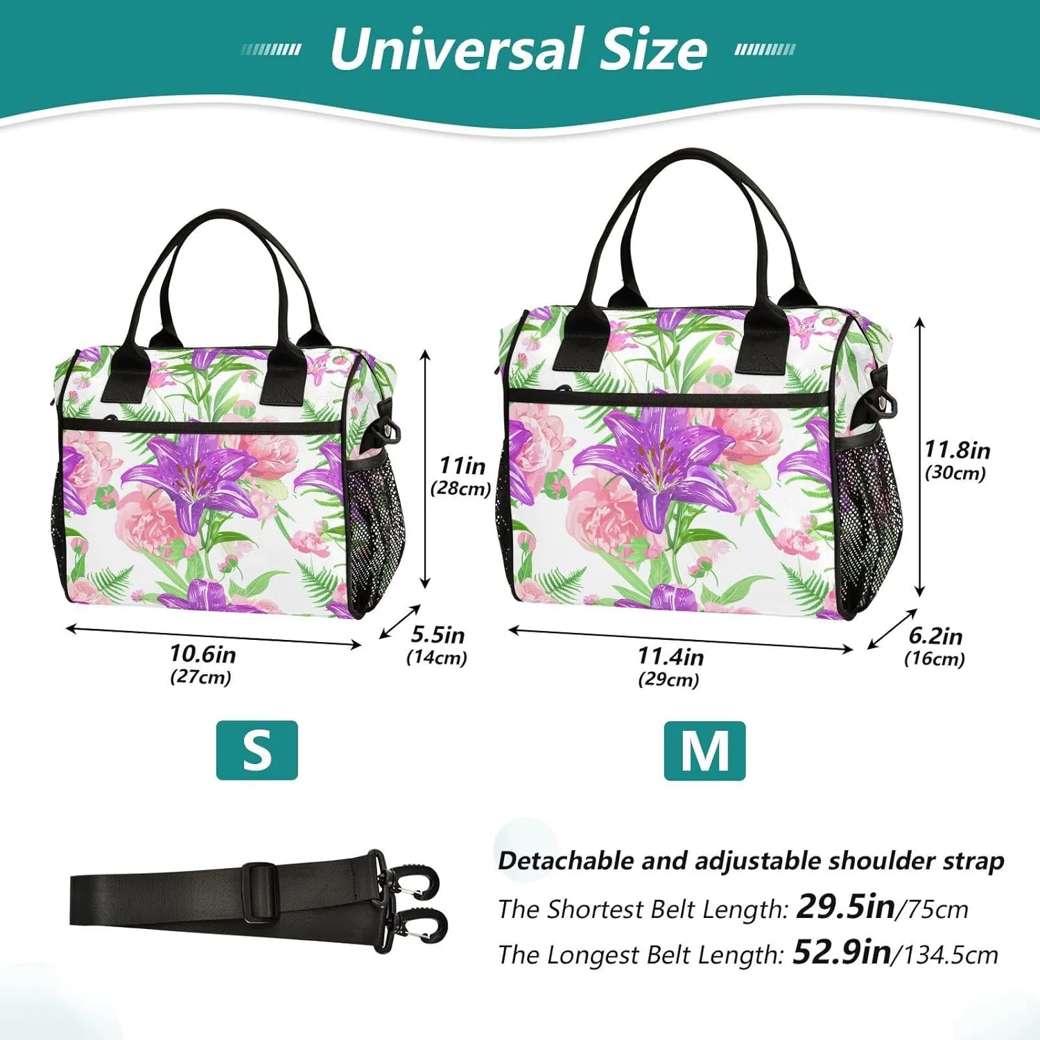 MCHIVER Peony Fern Floral White Insulated Lunch Bag for Women Men Reusable Lunch Box Cooler Bag Thermal Meal Tote for Girls Boys 10.6 * 5.5 * 11 In