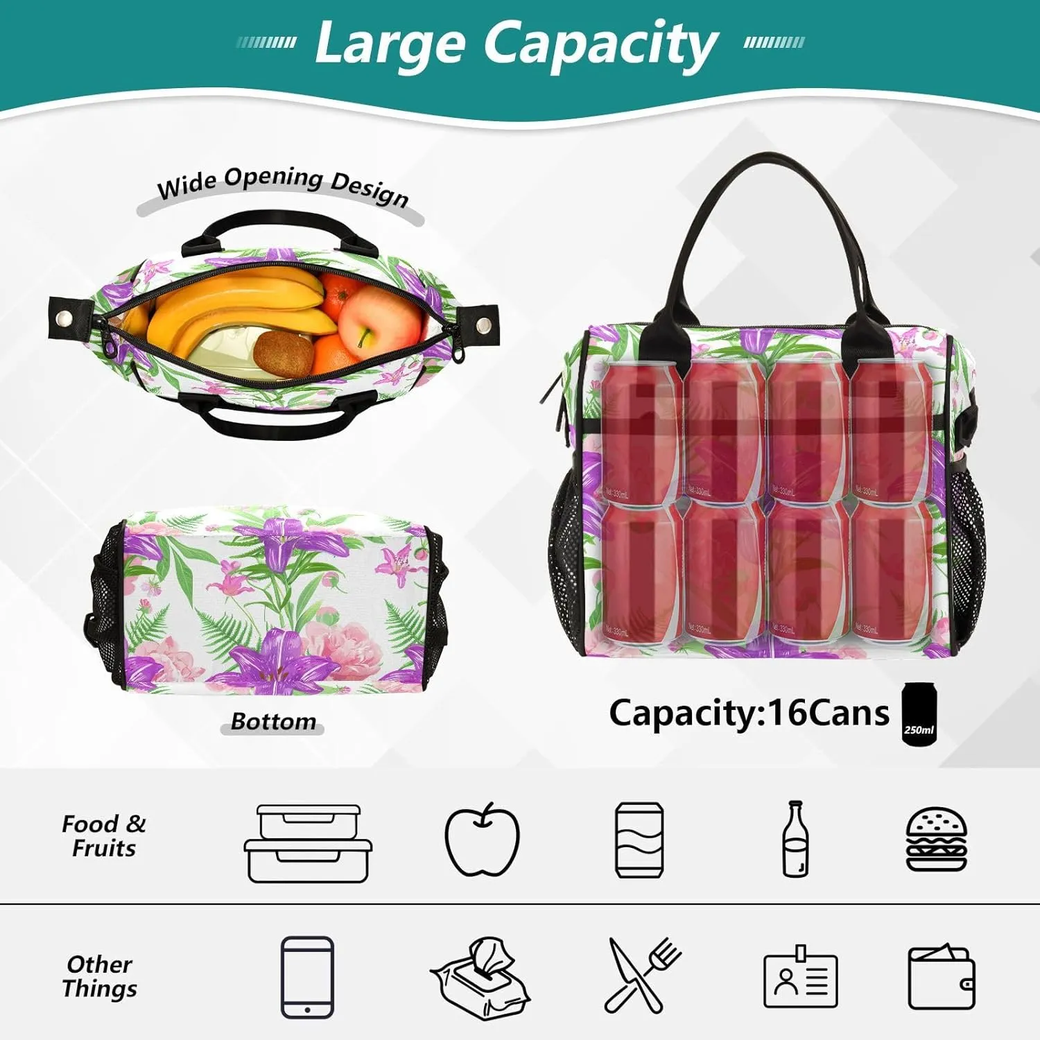 MCHIVER Peony Fern Floral White Insulated Lunch Bag for Women Men Reusable Lunch Box Cooler Bag Thermal Meal Tote for Girls Boys 10.6 * 5.5 * 11 In