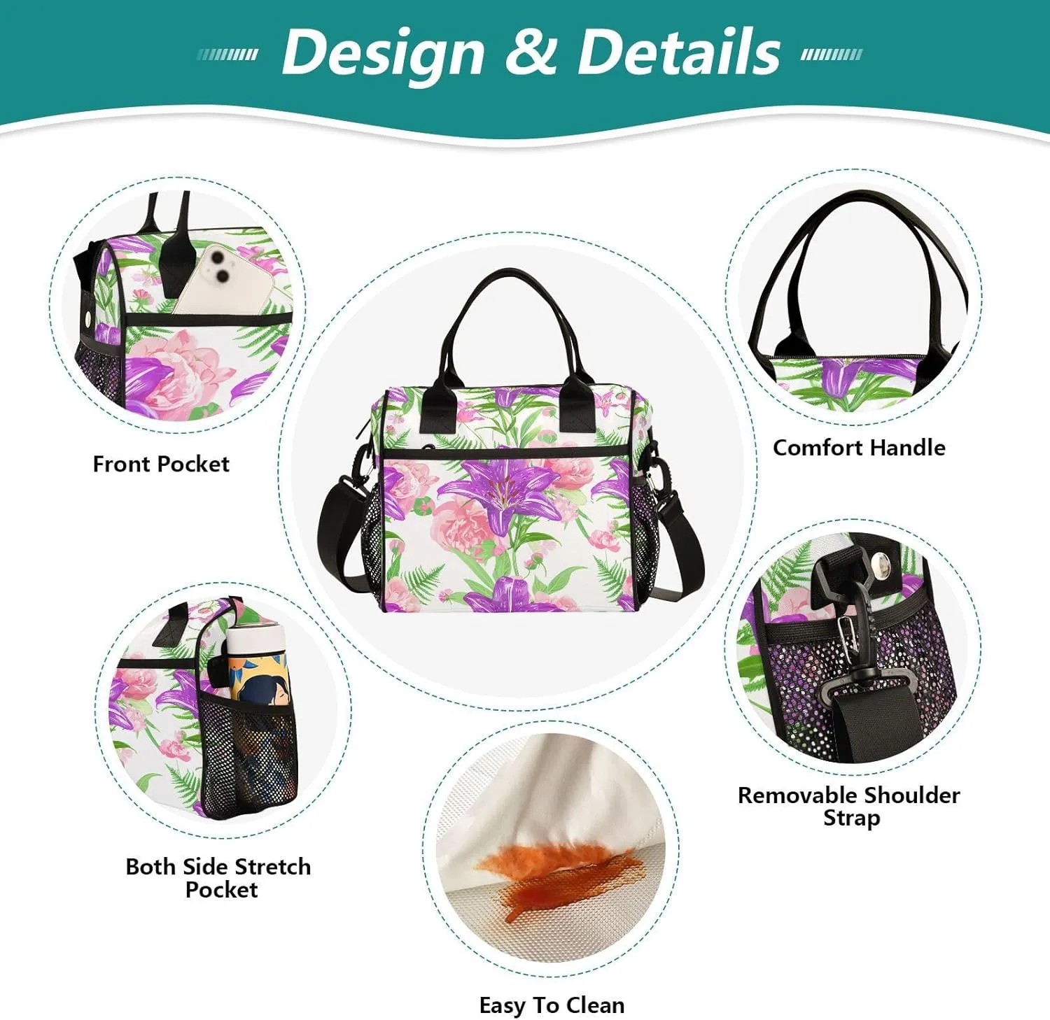 MCHIVER Peony Fern Floral White Insulated Lunch Bag for Women Men Reusable Lunch Box Cooler Bag Thermal Meal Tote for Girls Boys 10.6 * 5.5 * 11 In