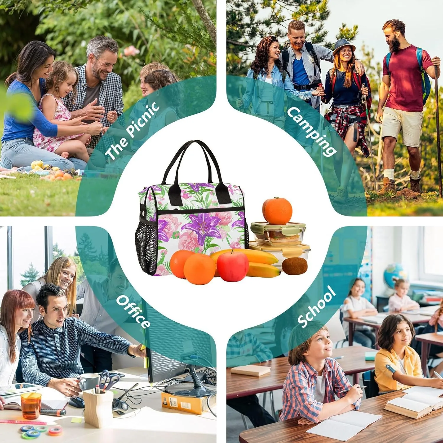 MCHIVER Peony Fern Floral White Insulated Lunch Bag for Women Men Reusable Lunch Box Cooler Bag Thermal Meal Tote for Girls Boys 10.6 * 5.5 * 11 In