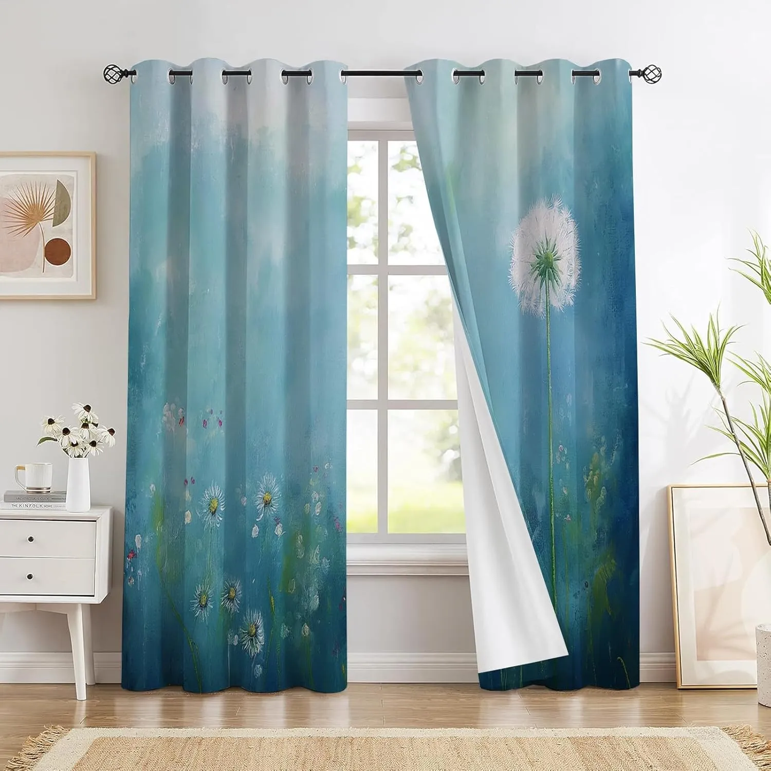 Meadow dandelions Blackout Curtains for Girls Boy Home Decor,wildflowers pattern 3D Grommet Thermal Insulated Drapes Darkening Window Curtain for Bedroom Living Room,42"W × 84"L (Pack of 2)