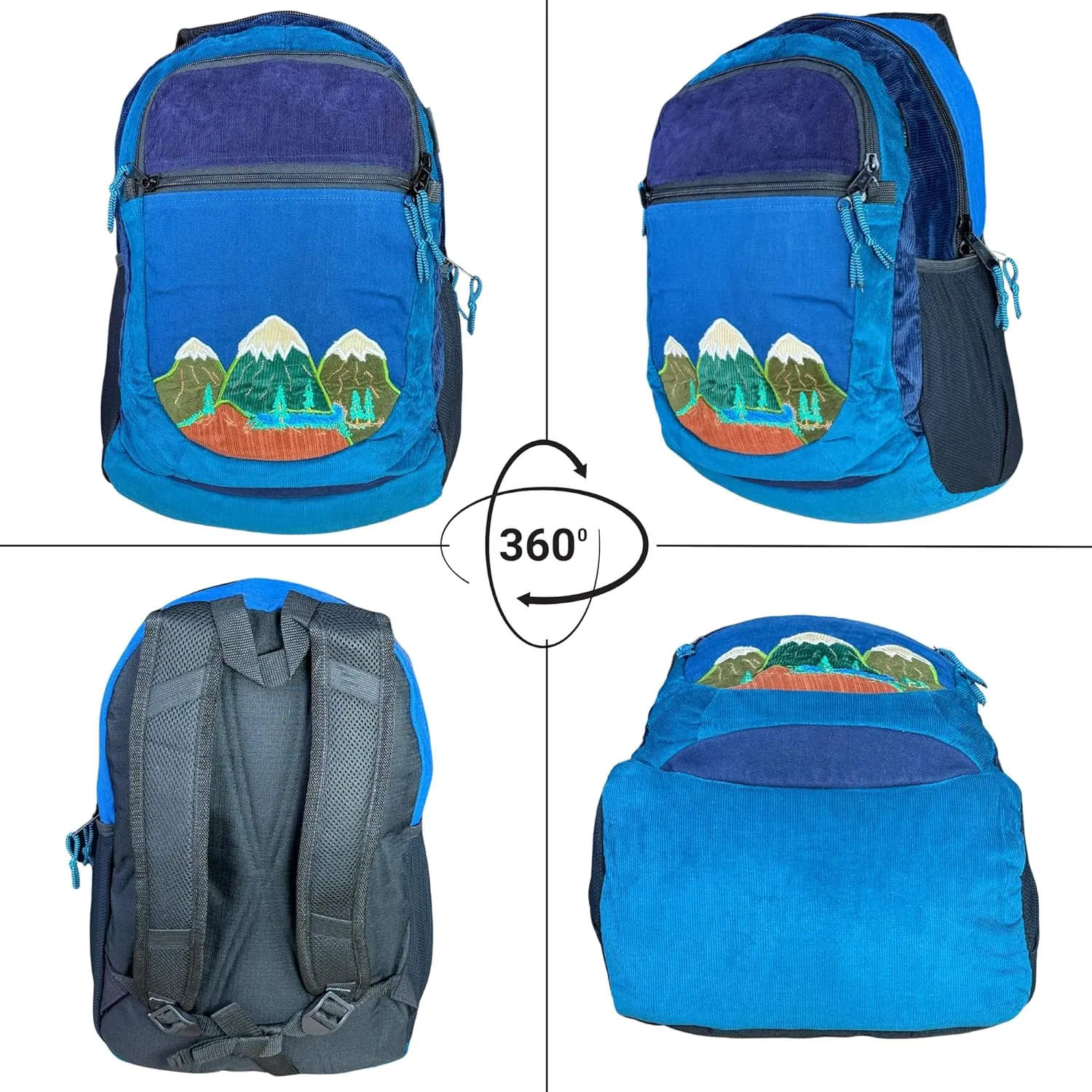 Medium Denim & Corduroy Sportpack with Mountain Appliqué & Hidden Pocket – Handmade Boho Backpack – Festival Bag