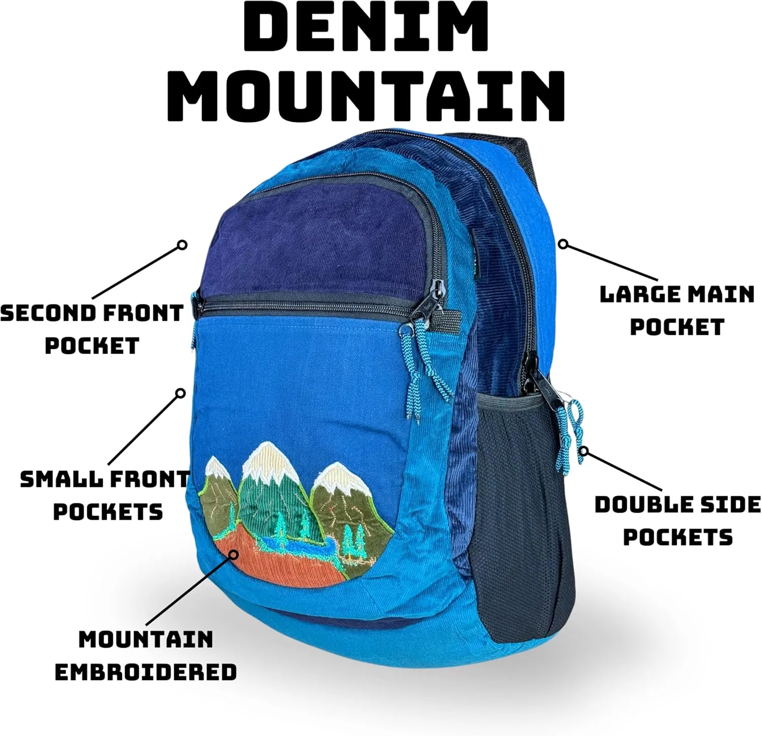 Medium Denim & Corduroy Sportpack with Mountain Appliqué & Hidden Pocket – Handmade Boho Backpack – Festival Bag