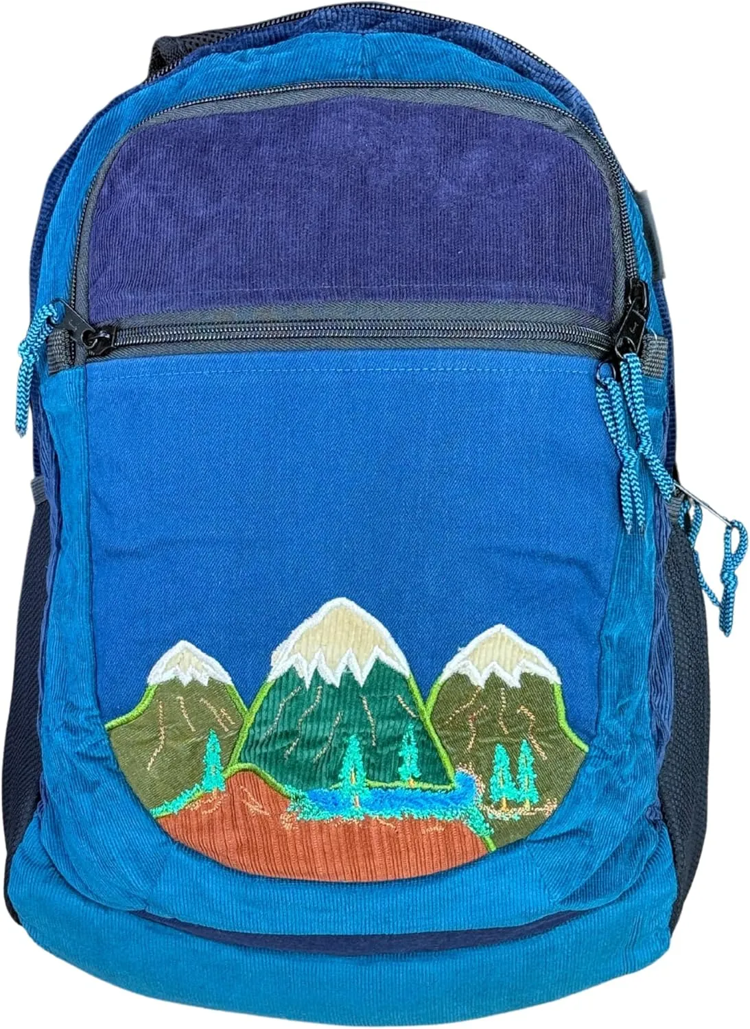 Medium Denim & Corduroy Sportpack with Mountain Appliqué & Hidden Pocket – Handmade Boho Backpack – Festival Bag