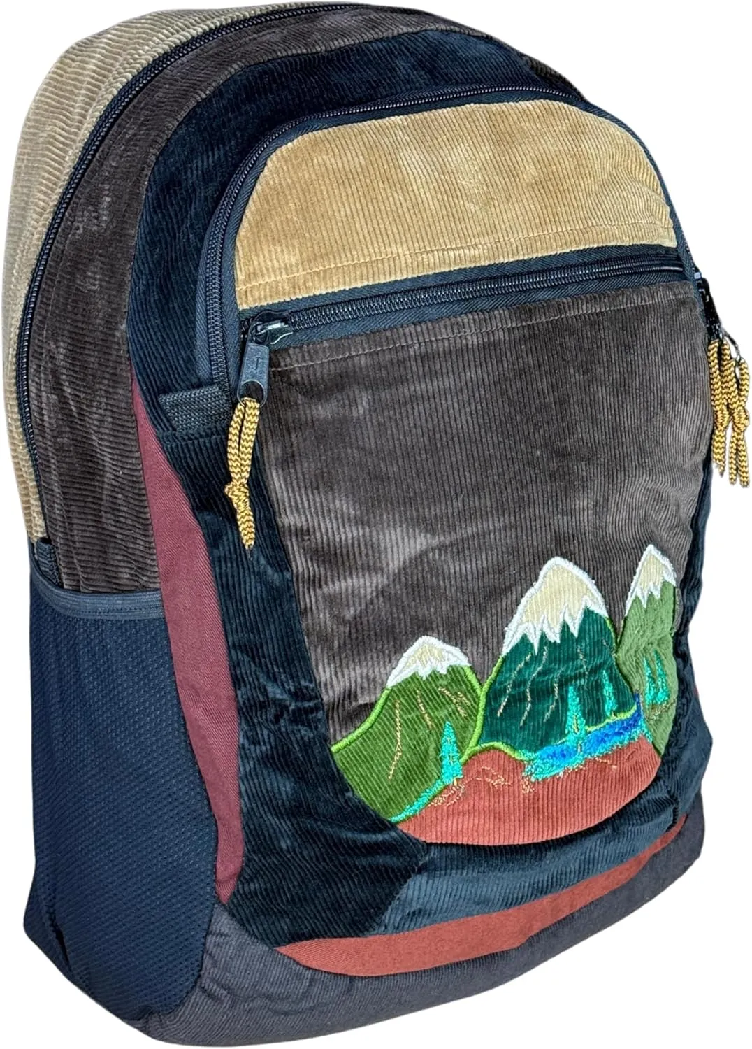 Medium Denim & Corduroy Sportpack with Mountain Appliqué & Hidden Pocket – Handmade Boho Backpack – Festival Bag