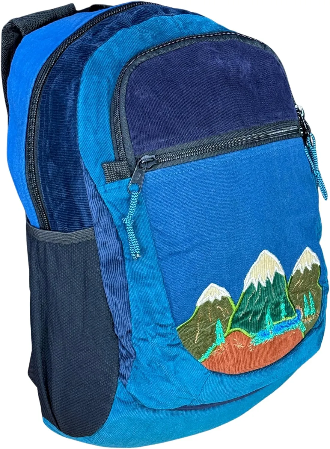 Medium Denim & Corduroy Sportpack with Mountain Appliqué & Hidden Pocket – Handmade Boho Backpack – Festival Bag