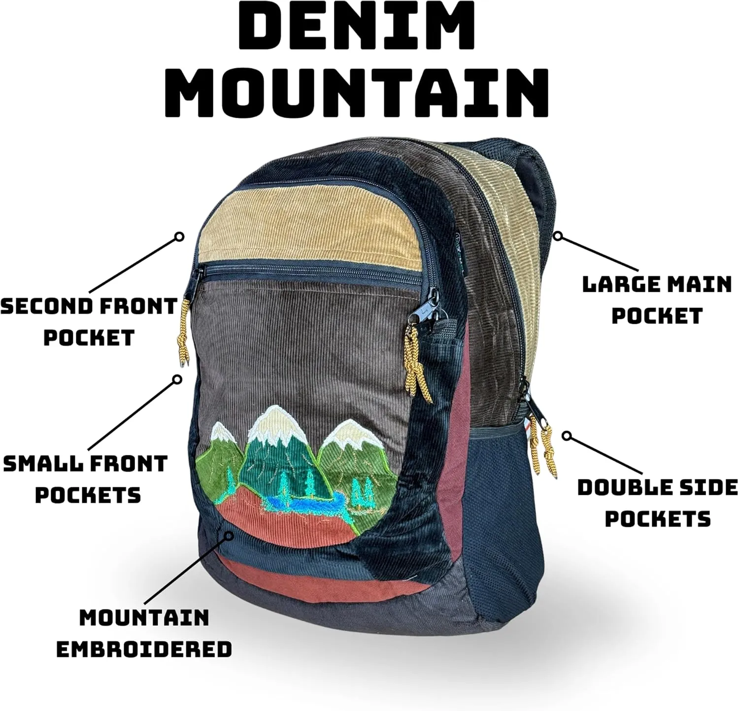 Medium Denim & Corduroy Sportpack with Mountain Appliqué & Hidden Pocket – Handmade Boho Backpack – Festival Bag