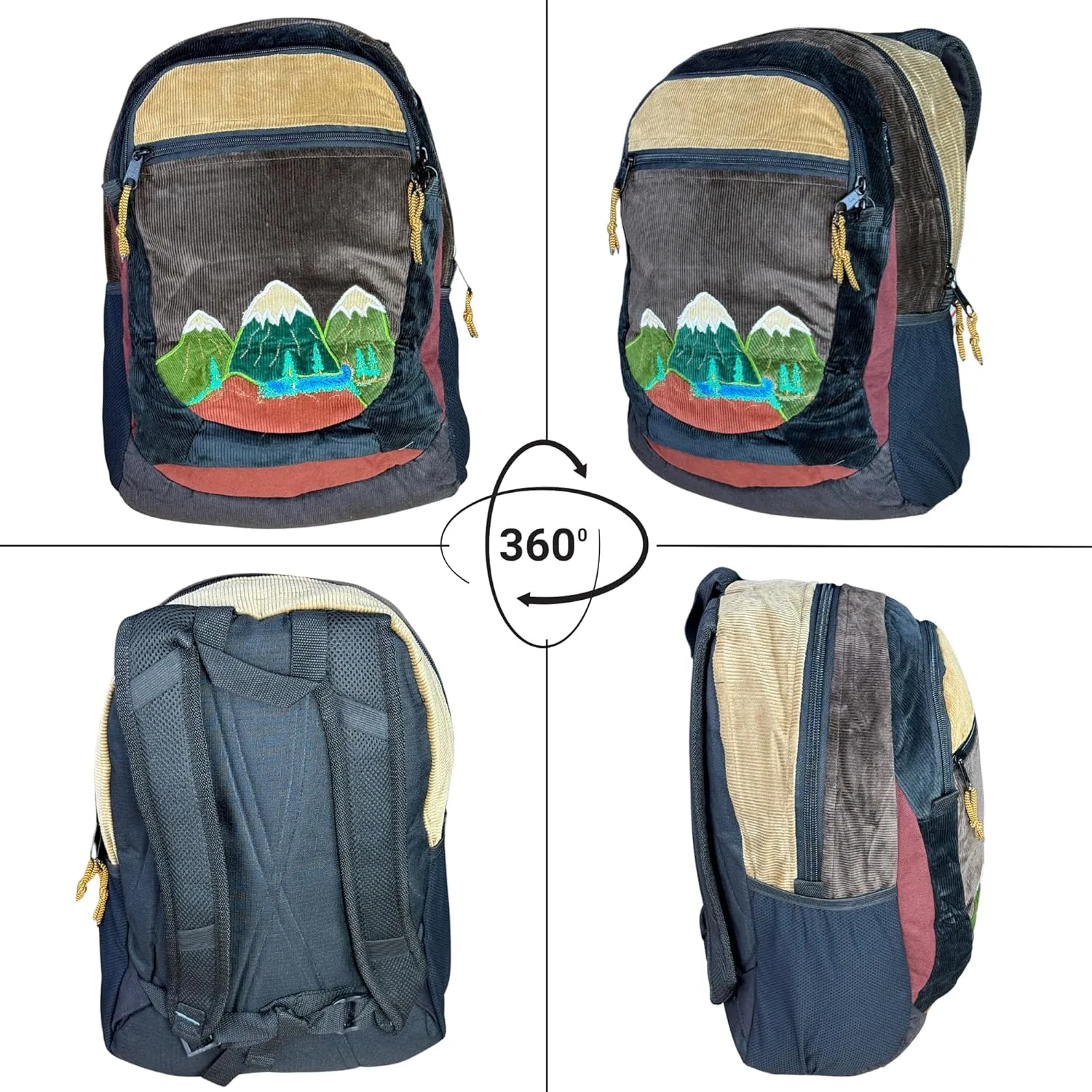 Medium Denim & Corduroy Sportpack with Mountain Appliqué & Hidden Pocket – Handmade Boho Backpack – Festival Bag