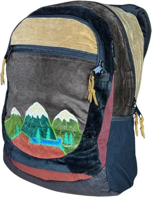 Medium Denim & Corduroy Sportpack with Mountain Appliqué & Hidden Pocket – Handmade Boho Backpack – Festival Bag