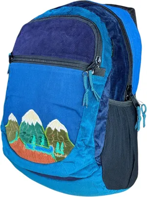 Medium Denim & Corduroy Sportpack with Mountain Appliqué & Hidden Pocket – Handmade Boho Backpack – Festival Bag