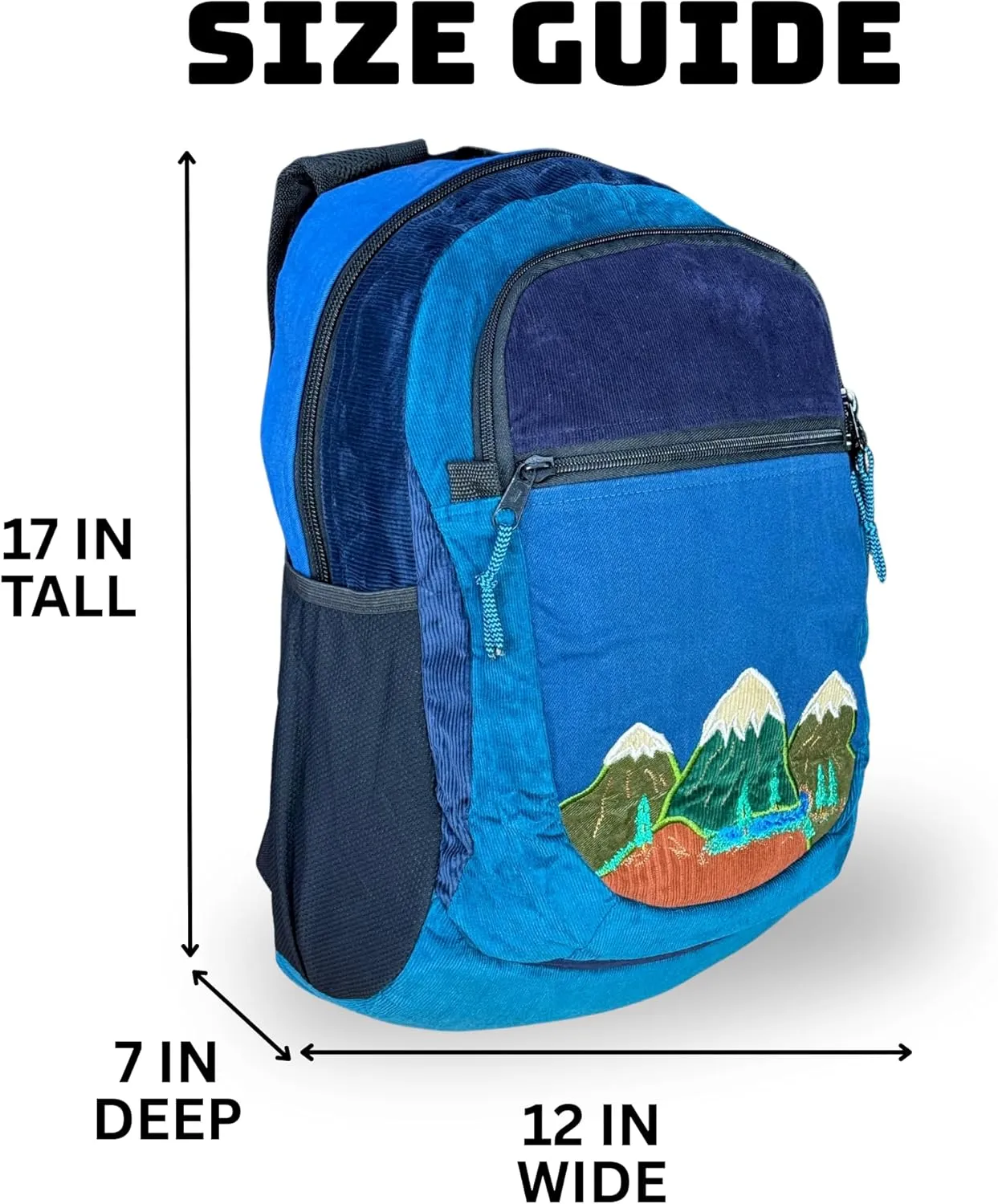 Medium Denim & Corduroy Sportpack with Mountain Appliqué & Hidden Pocket – Handmade Boho Backpack – Festival Bag