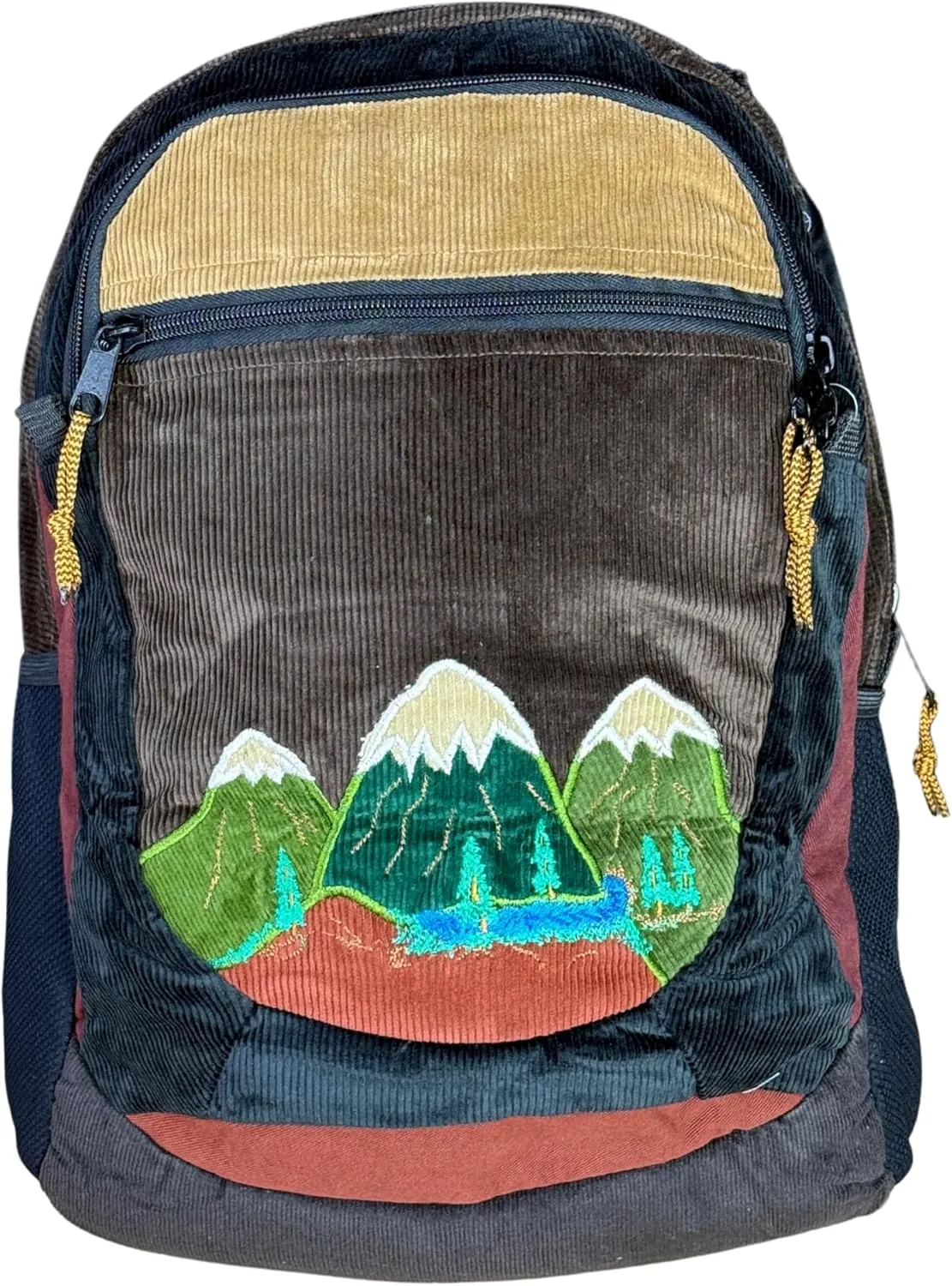 Medium Denim & Corduroy Sportpack with Mountain Appliqué & Hidden Pocket – Handmade Boho Backpack – Festival Bag