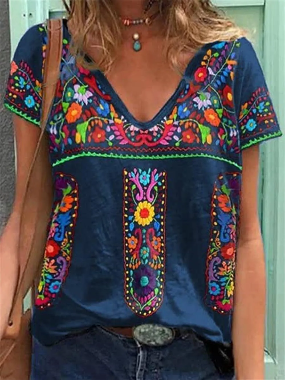 Melliflo Fiesta Mexican Shirts for Women V Neck Floral Print Boho Short Sleeve Casual Embroidered Tops
