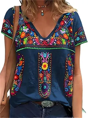 Melliflo Fiesta Mexican Shirts for Women V Neck Floral Print Boho Short Sleeve Casual Embroidered Tops