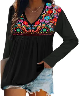 Melliflo Long Sleeve Mexican Shirts for Women Floral Embroidered Peasant Blouse Ethnic Style Boho T-Shirts