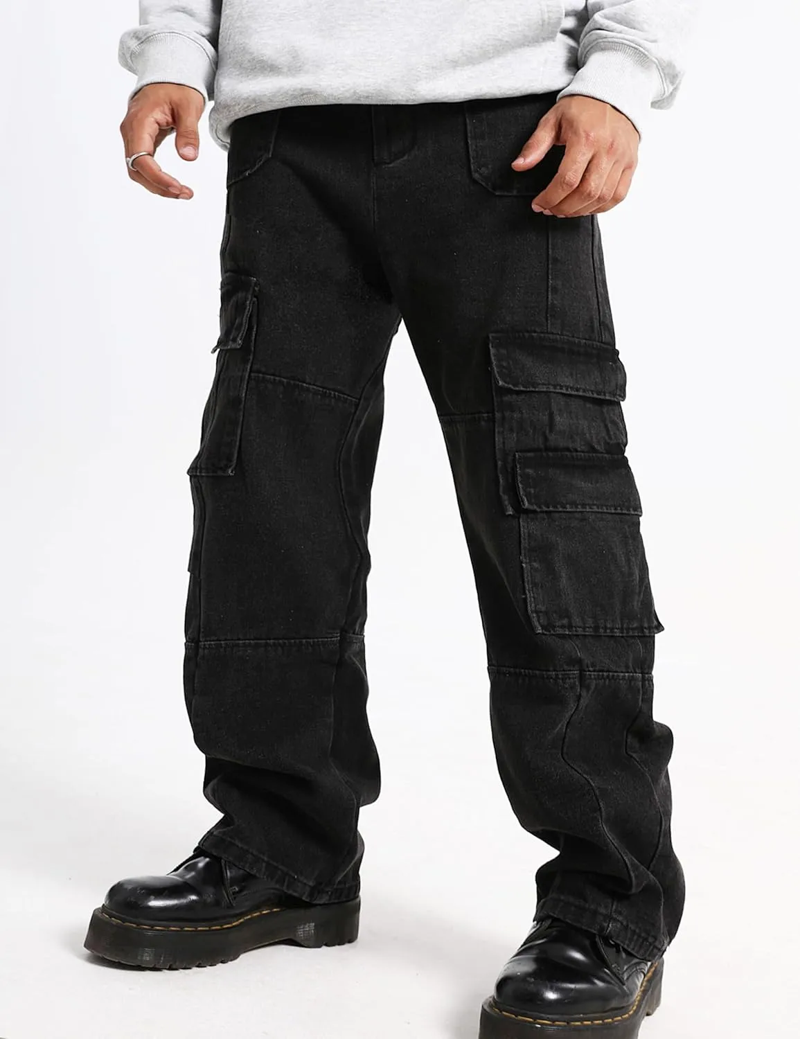 Men Baggy Cargo Jeans Y2k Wide Leg Harajuku Skater Pants Blue Denim Jeans for Men