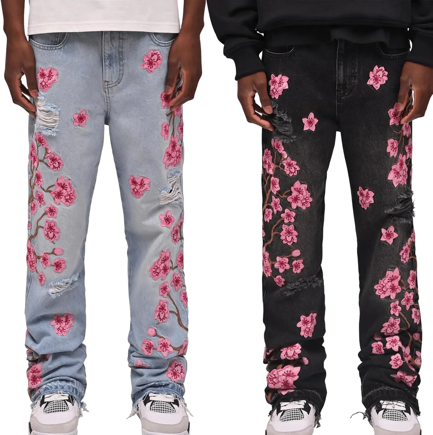 Men Floral Embroidered Ripped Jeans Vintage Distressed Baggy Straight Leg Denim Pants Hip Hop Trousers Streetwear