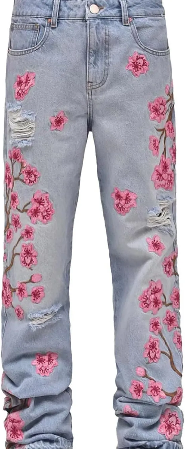 Men Floral Embroidered Ripped Jeans Vintage Distressed Baggy Straight Leg Denim Pants Hip Hop Trousers Streetwear