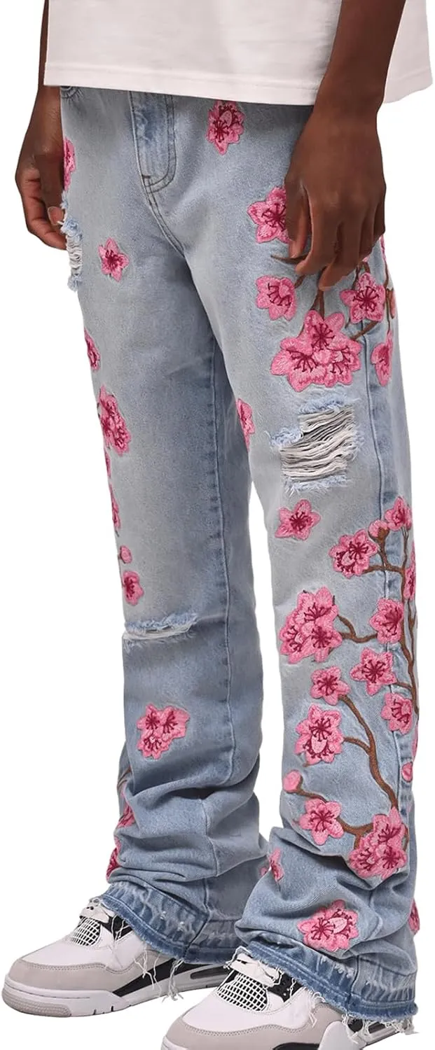 Men Floral Embroidered Ripped Jeans Vintage Distressed Baggy Straight Leg Denim Pants Hip Hop Trousers Streetwear