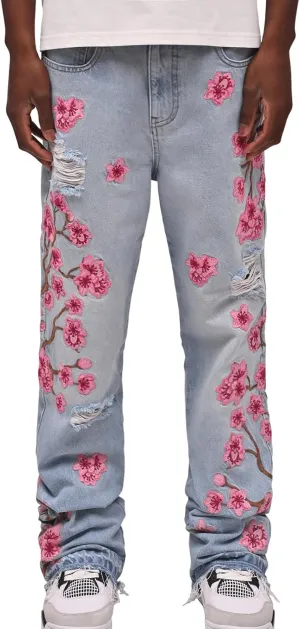 Men Floral Embroidered Ripped Jeans Vintage Distressed Baggy Straight Leg Denim Pants Hip Hop Trousers Streetwear