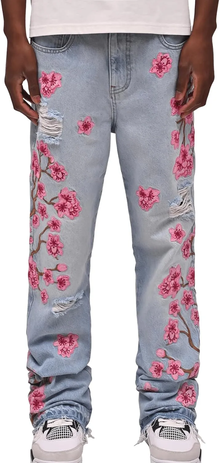 Men Floral Embroidered Ripped Jeans Vintage Distressed Baggy Straight Leg Denim Pants Hip Hop Trousers Streetwear