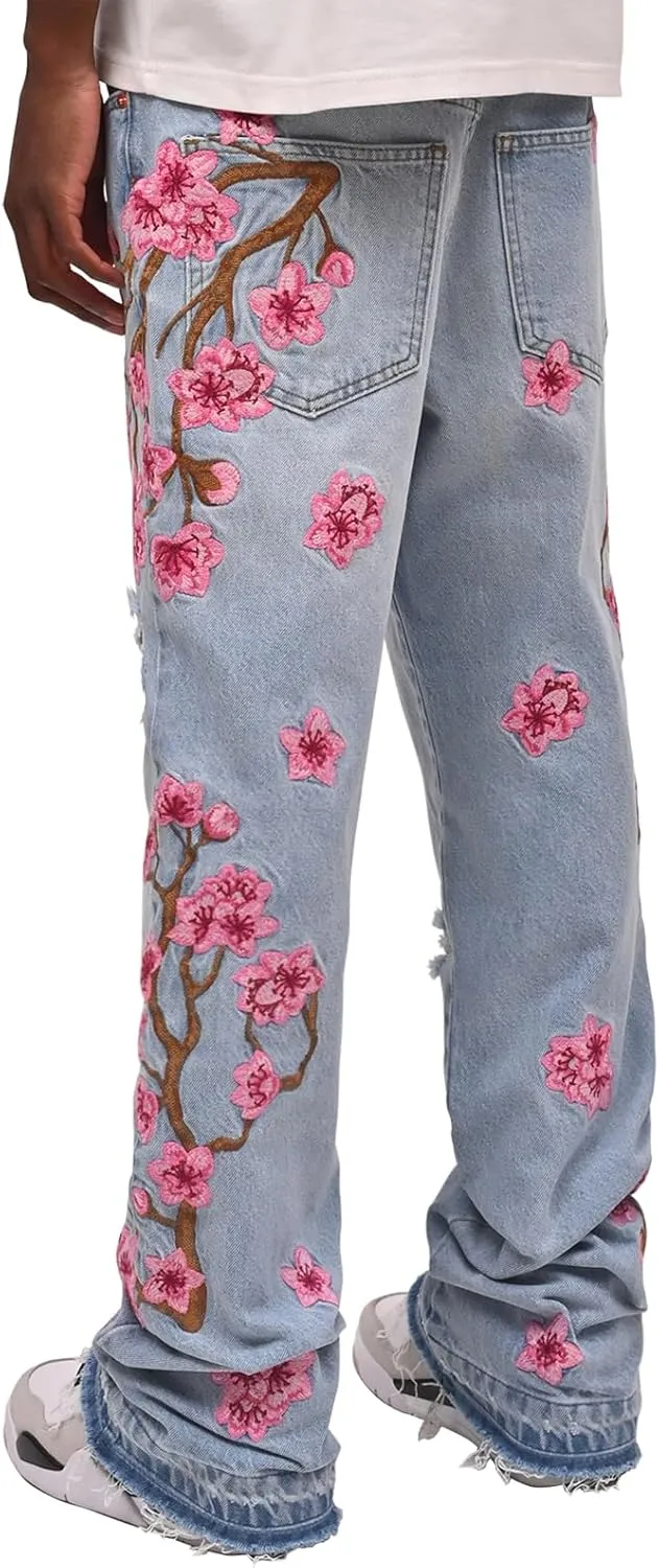 Men Floral Embroidered Ripped Jeans Vintage Distressed Baggy Straight Leg Denim Pants Hip Hop Trousers Streetwear