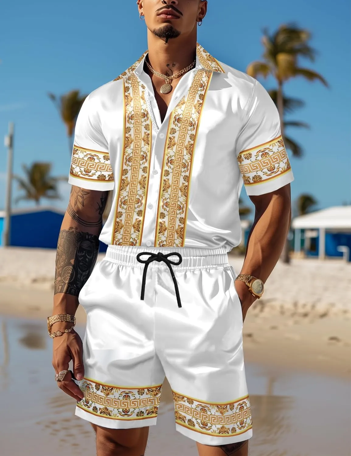 Men Hawaiian Shirt Sets Satin Silk Casual Button Down Shirts 2 Piece Luxury Summer Beach Outfits
