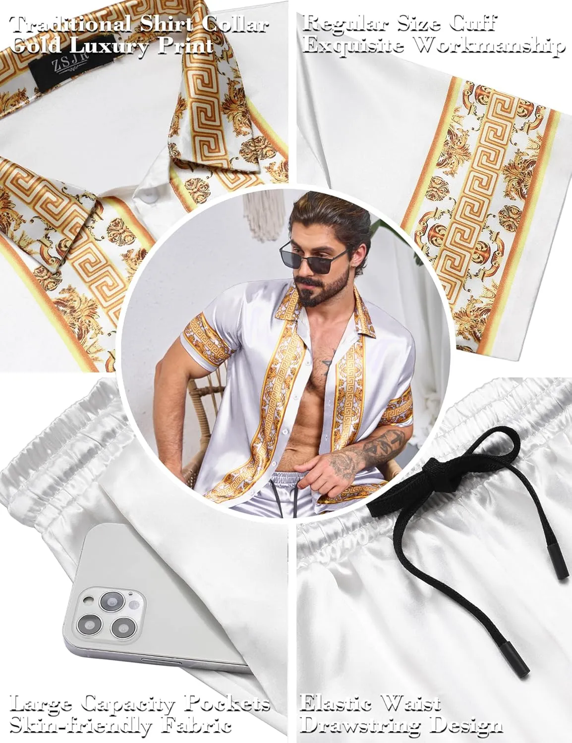 Men Hawaiian Shirt Sets Satin Silk Casual Button Down Shirts 2 Piece Luxury Summer Beach Outfits