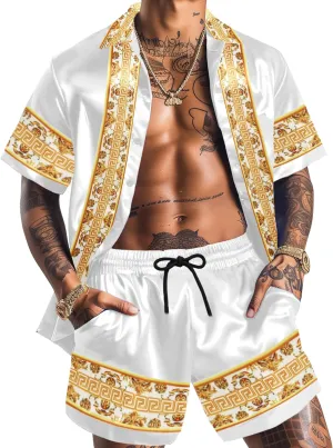 Men Hawaiian Shirt Sets Satin Silk Casual Button Down Shirts 2 Piece Luxury Summer Beach Outfits