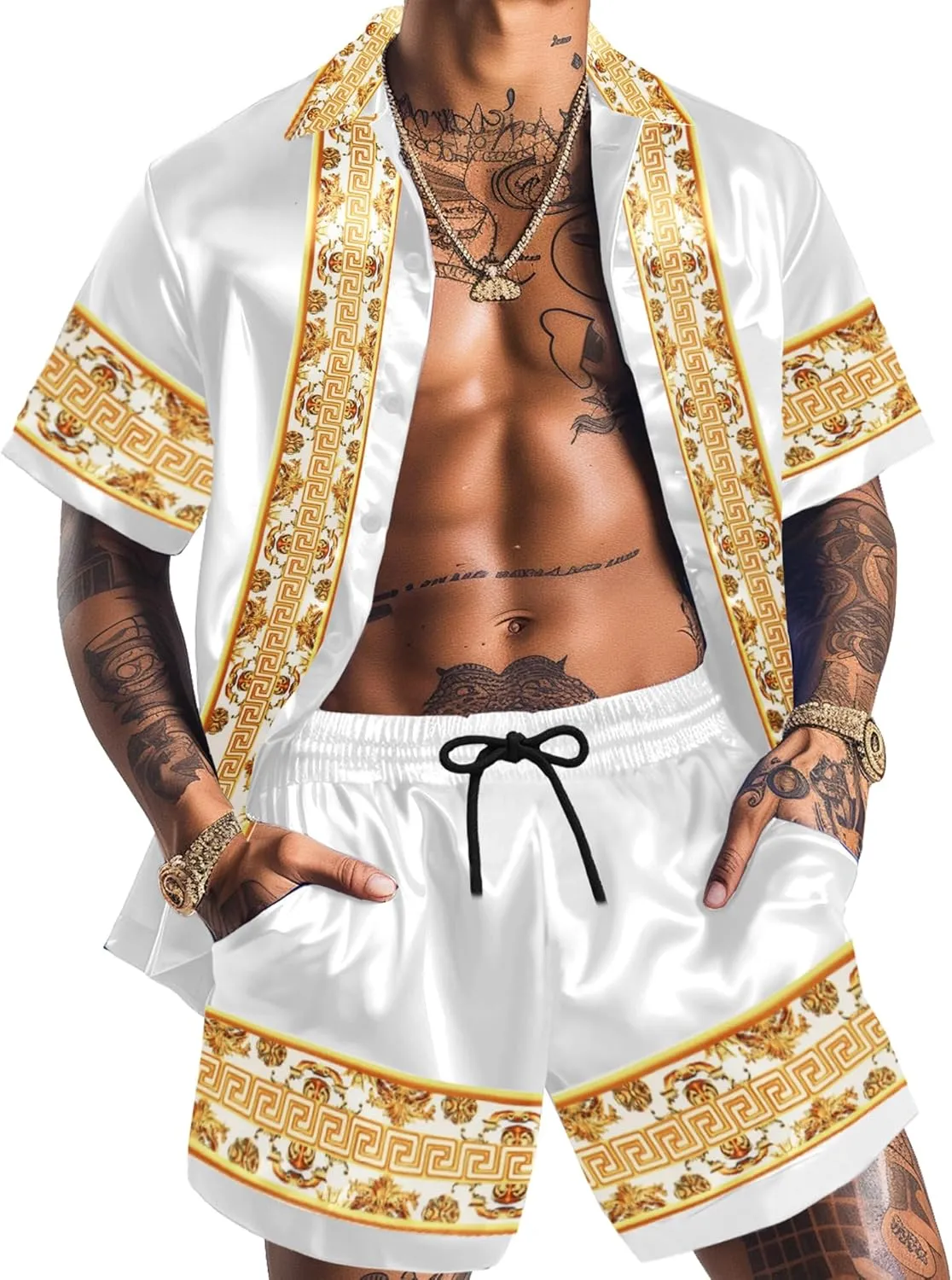 Men Hawaiian Shirt Sets Satin Silk Casual Button Down Shirts 2 Piece Luxury Summer Beach Outfits