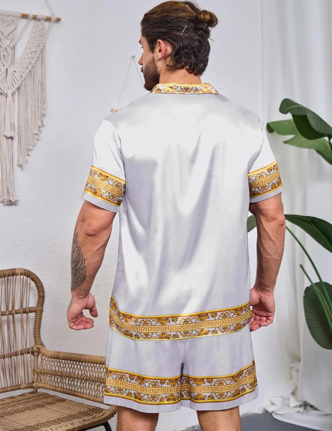Men Hawaiian Shirt Sets Satin Silk Casual Button Down Shirts 2 Piece Luxury Summer Beach Outfits