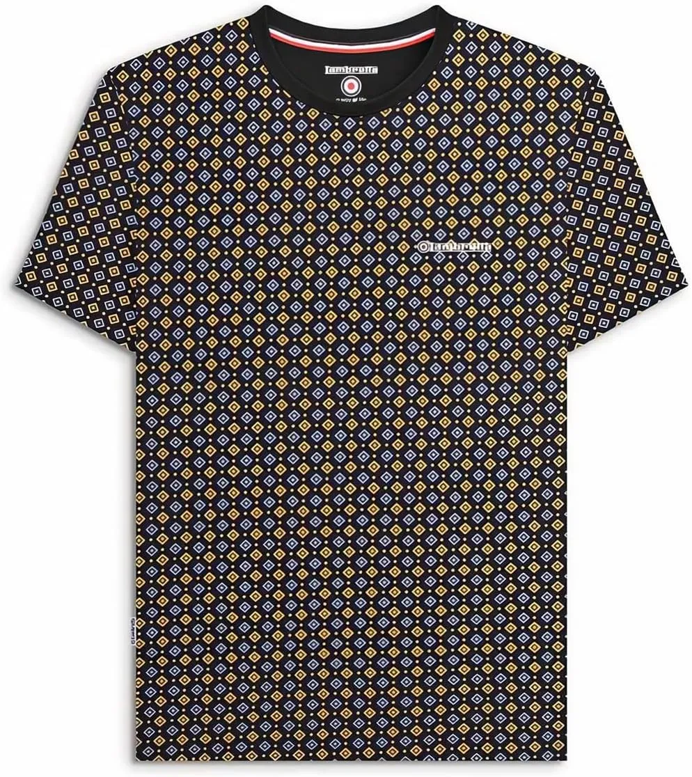 Mens Black Gold Geometrical Print Retro Mod T-shirt