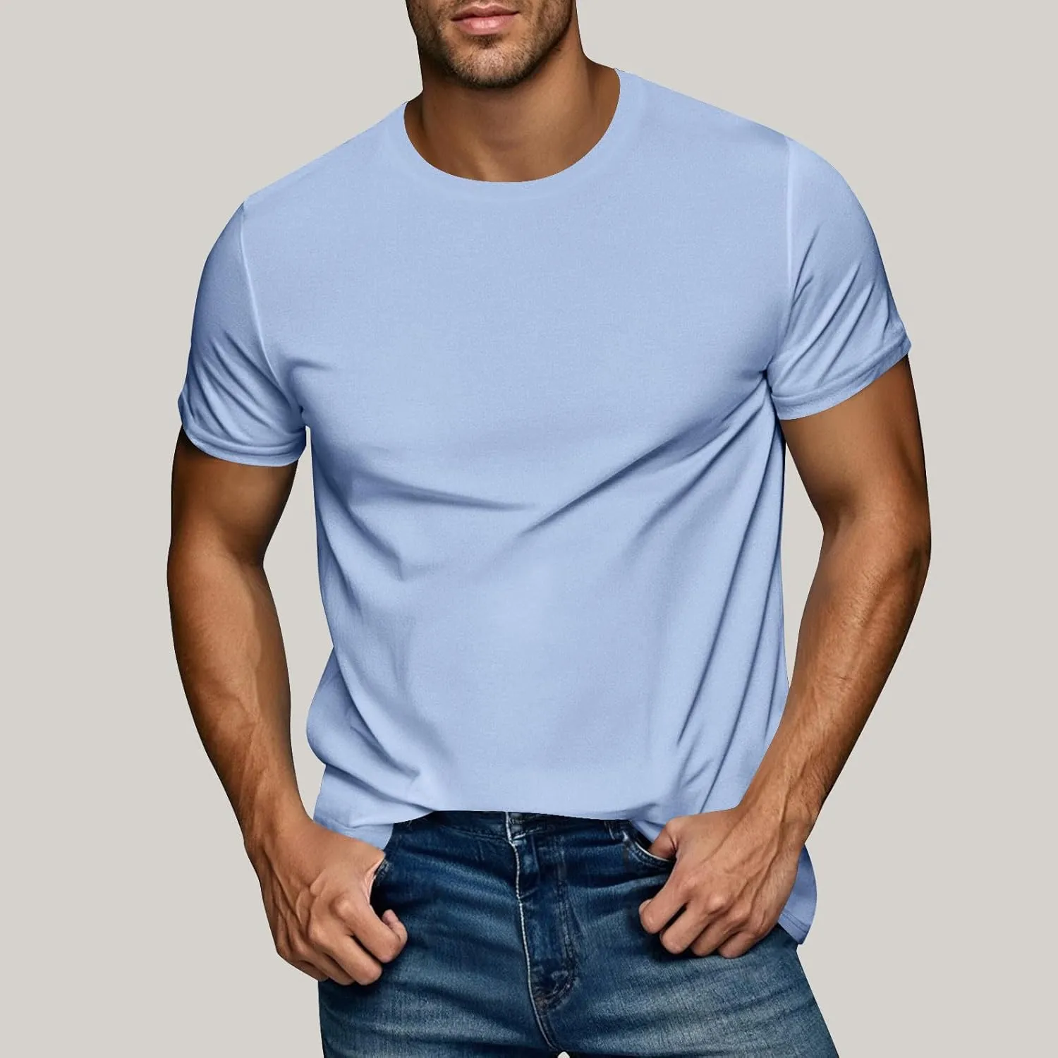 Men's Casual Fashion Solid Color Round Neck Short Sleeve Shirt Summer Ventilate Comfy Loose Tops Sports Gym Tees