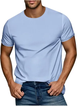 Men's Casual Fashion Solid Color Round Neck Short Sleeve Shirt Summer Ventilate Comfy Loose Tops Sports Gym Tees