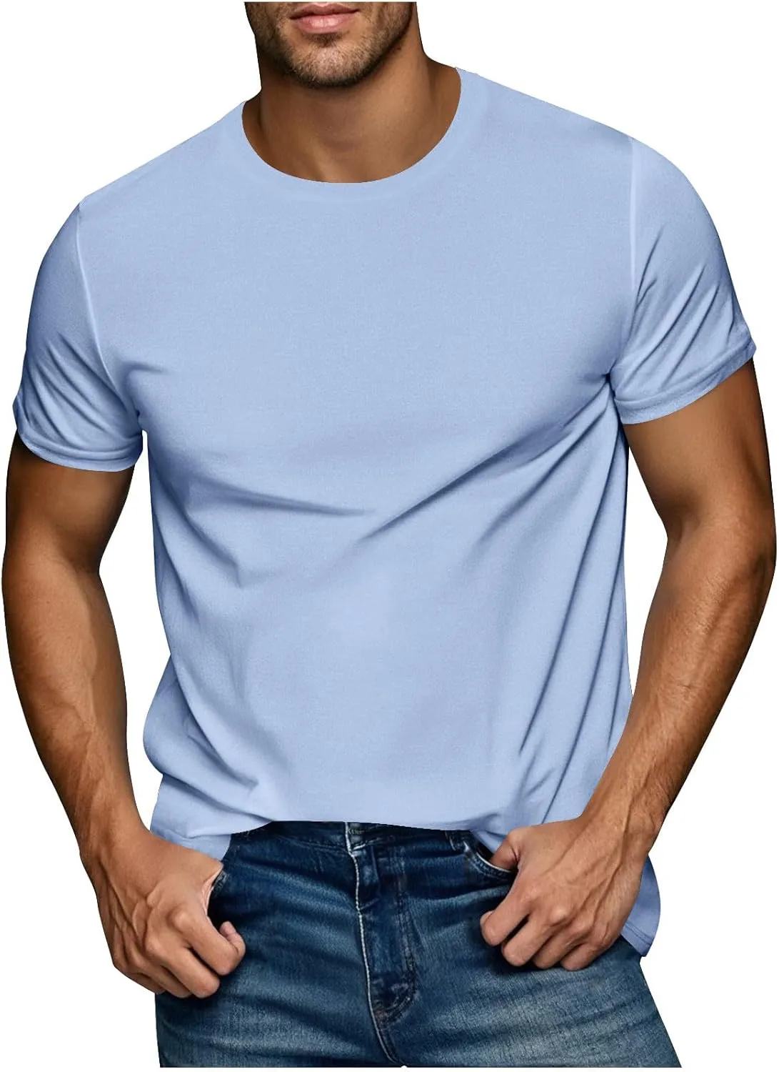 Men's Casual Fashion Solid Color Round Neck Short Sleeve Shirt Summer Ventilate Comfy Loose Tops Sports Gym Tees