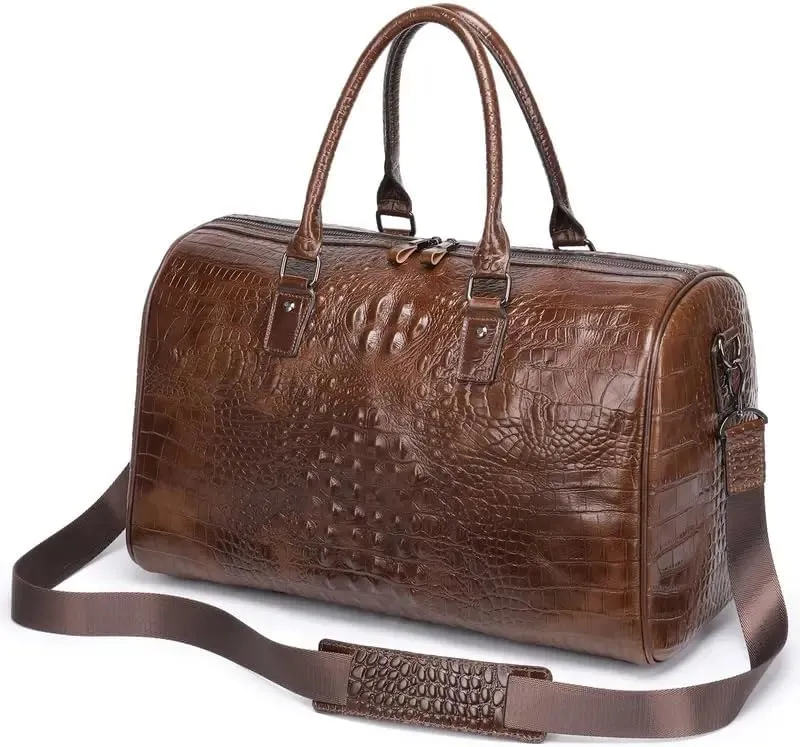 Men's Crocodile Pattern Genuine Leather Bag, Vintage Travel Duffel Bag, Large Capacity Bag For Travel Weekend Fitness